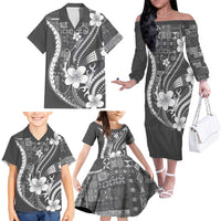 Samoa Siapo Tribal Pattern Family Matching Off The Shoulder Long Sleeve Dress and Hawaiian Shirt Light Gray Polynesian Plumeria Tapa Motif