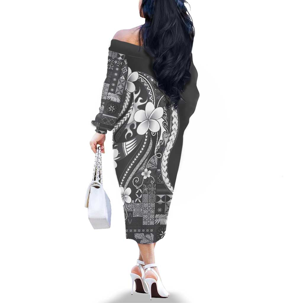 Samoa Siapo Tribal Pattern Family Matching Off The Shoulder Long Sleeve Dress and Hawaiian Shirt Light Gray Polynesian Plumeria Tapa Motif
