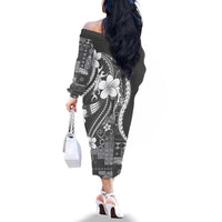 Samoa Siapo Tribal Pattern Family Matching Off The Shoulder Long Sleeve Dress and Hawaiian Shirt Light Gray Polynesian Plumeria Tapa Motif