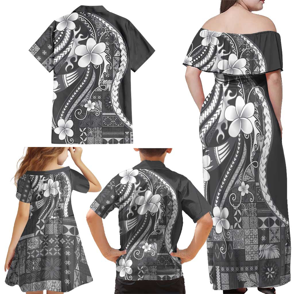 Samoa Siapo Tribal Pattern Family Matching Off Shoulder Maxi Dress and Hawaiian Shirt Light Gray Polynesian Plumeria Tapa Motif