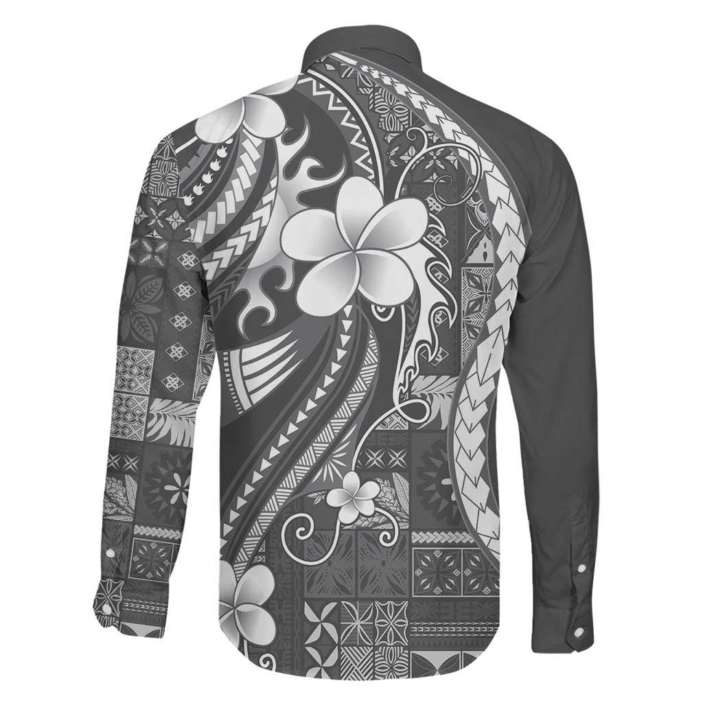 Samoa Siapo Tribal Pattern Family Matching Off Shoulder Maxi Dress and Hawaiian Shirt Light Gray Polynesian Plumeria Tapa Motif