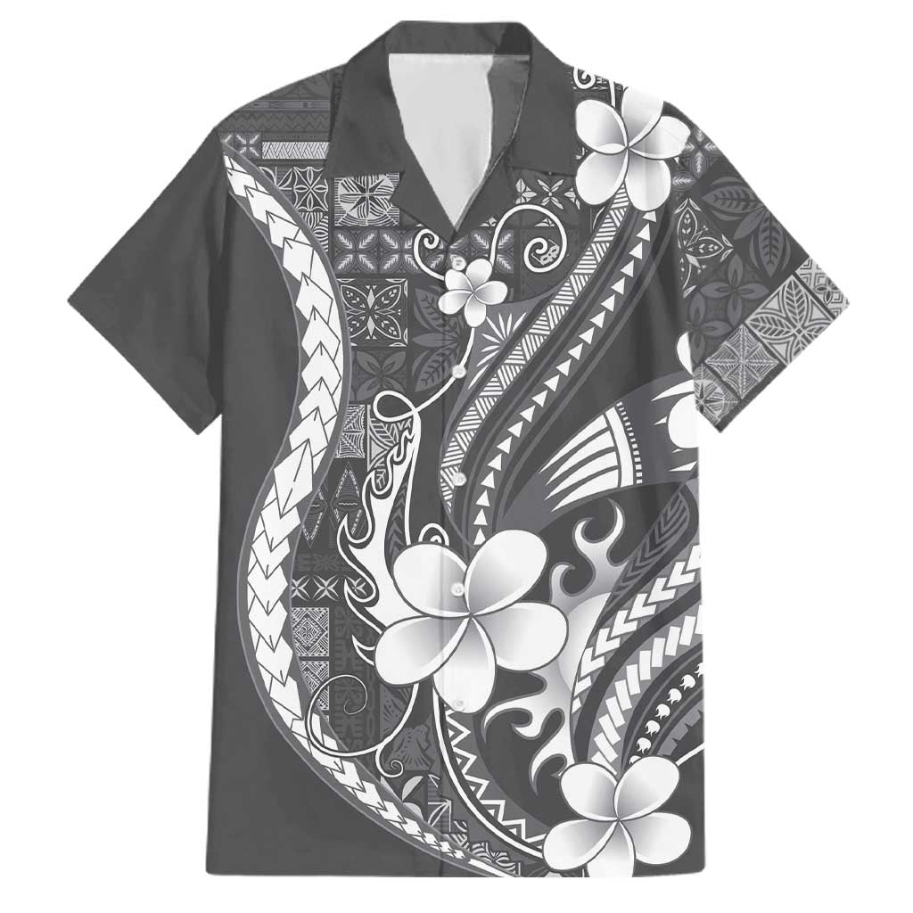 Samoa Siapo Tribal Pattern Family Matching Off Shoulder Short Dress and Hawaiian Shirt Light Gray Polynesian Plumeria Tapa Motif