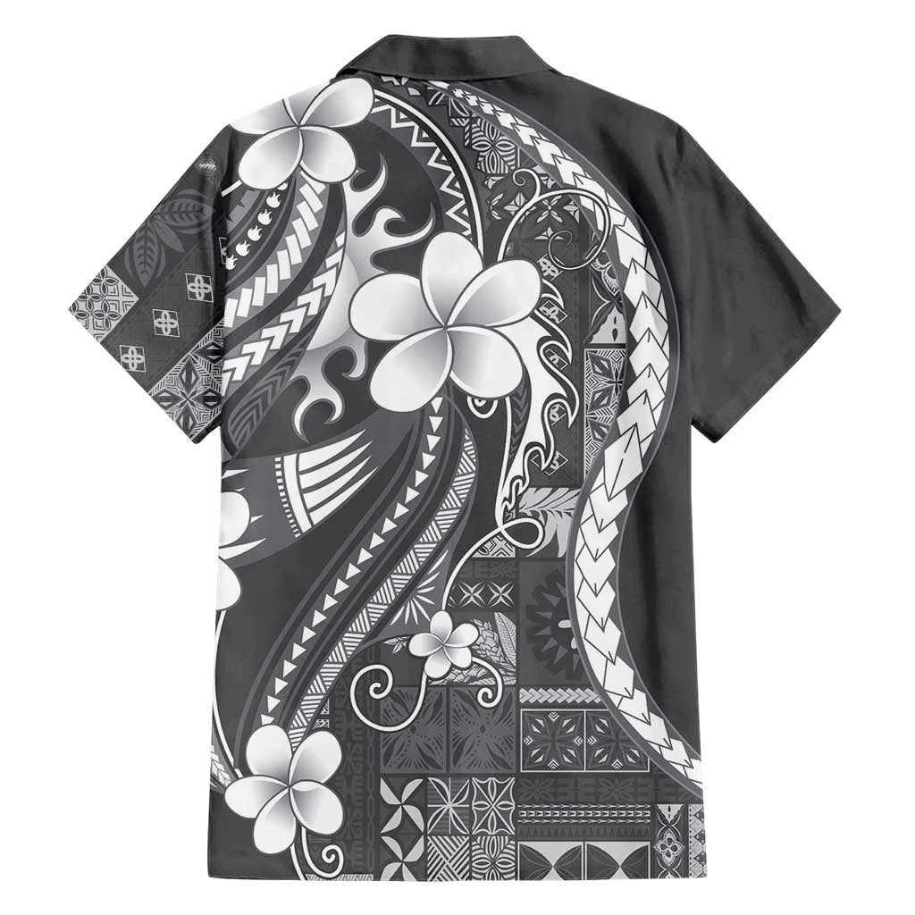 Samoa Siapo Tribal Pattern Family Matching Off Shoulder Short Dress and Hawaiian Shirt Light Gray Polynesian Plumeria Tapa Motif