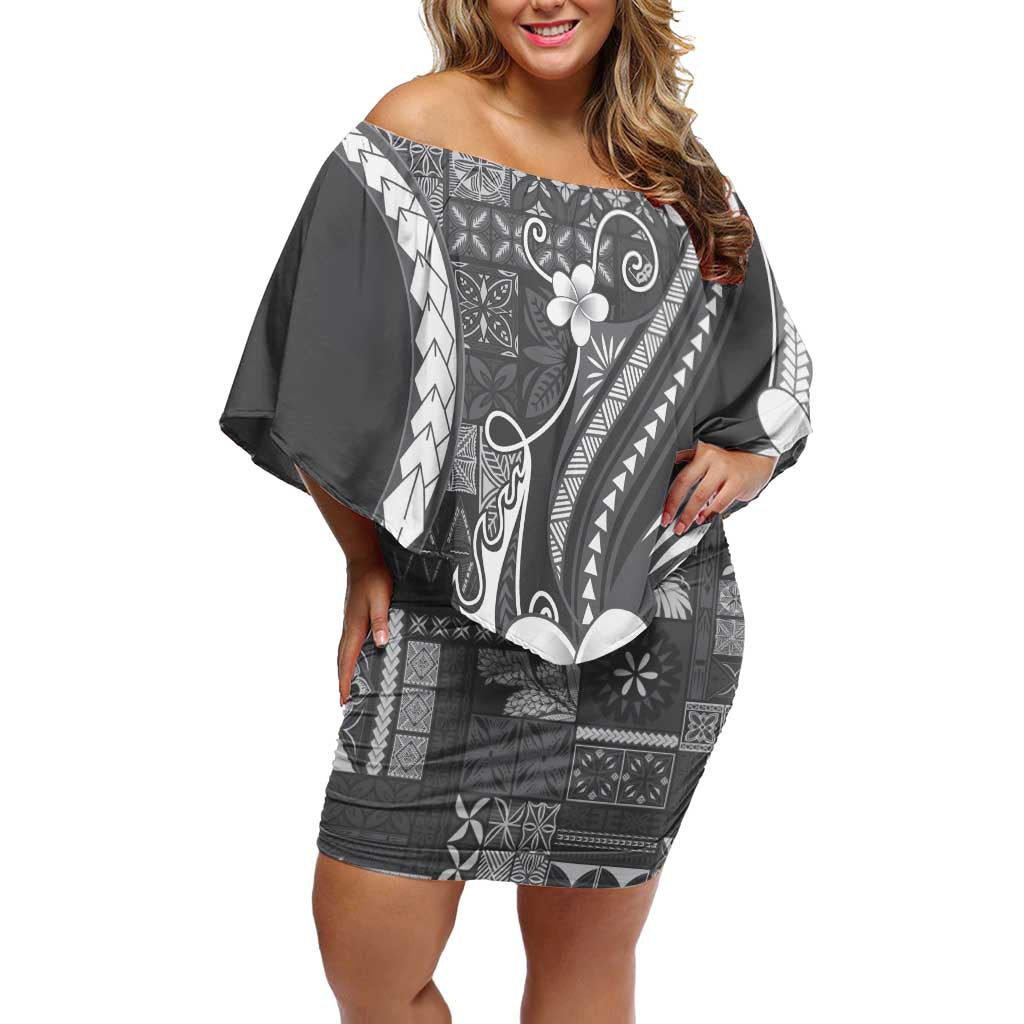 Samoa Siapo Tribal Pattern Family Matching Off Shoulder Short Dress and Hawaiian Shirt Light Gray Polynesian Plumeria Tapa Motif
