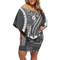 Samoa Siapo Tribal Pattern Family Matching Off Shoulder Short Dress and Hawaiian Shirt Light Gray Polynesian Plumeria Tapa Motif