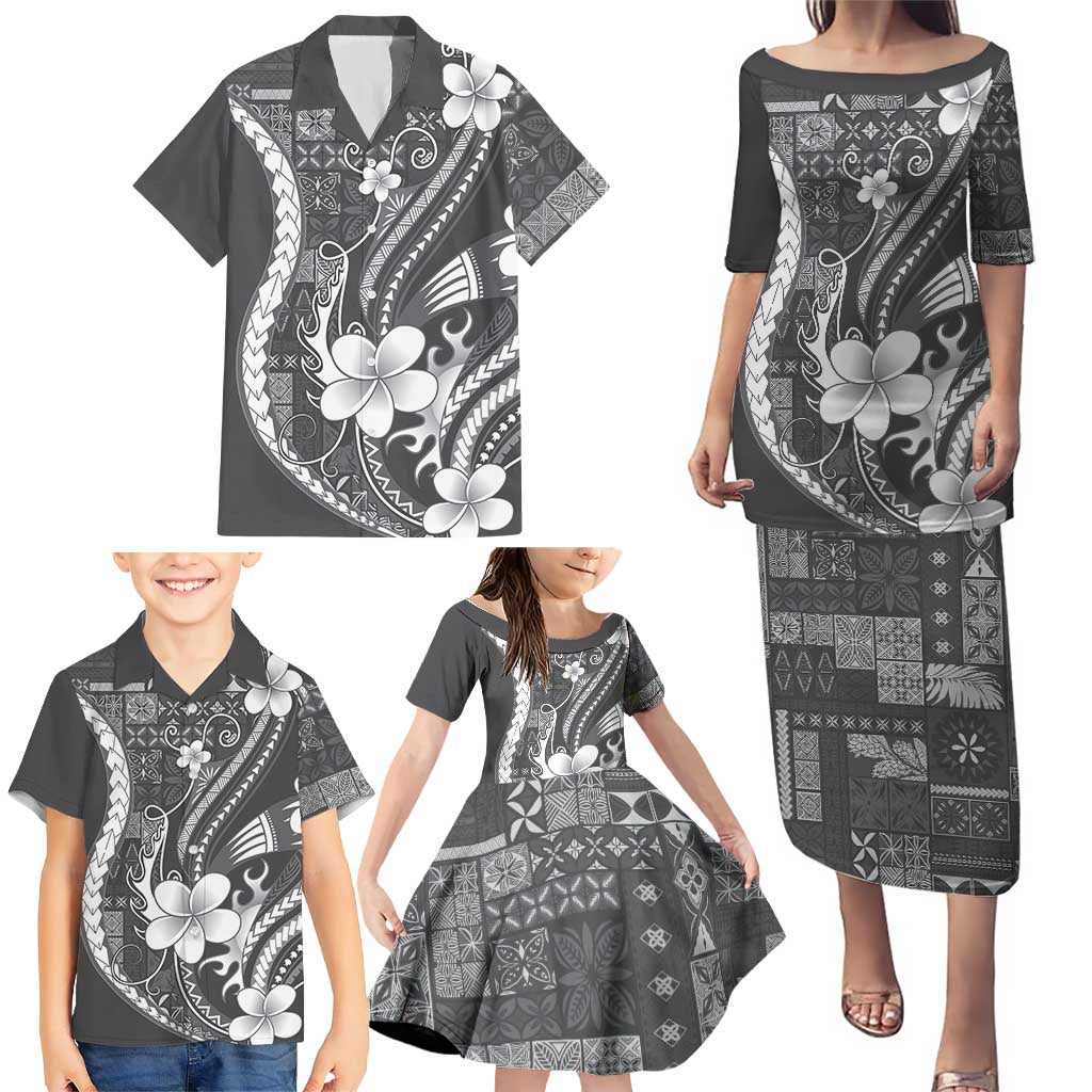 Samoa Siapo Tribal Pattern Family Matching Puletasi and Hawaiian Shirt Light Gray Polynesian Plumeria Tapa Motif LT9 - Polynesian Pride