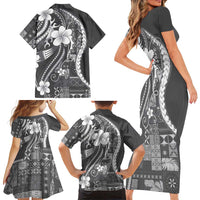 Samoa Siapo Tribal Pattern Family Matching Short Sleeve Bodycon Dress and Hawaiian Shirt Light Gray Polynesian Plumeria Tapa Motif