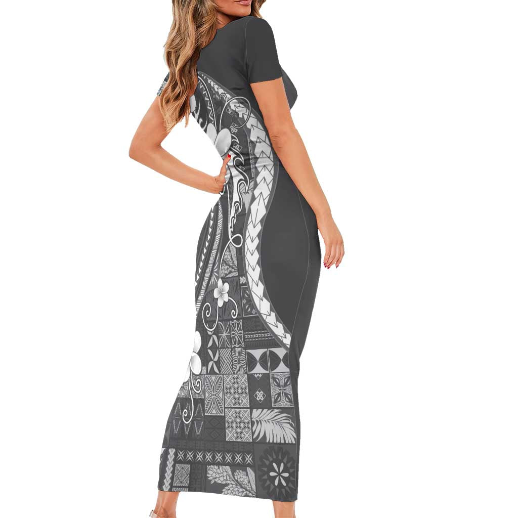 Samoa Siapo Tribal Pattern Family Matching Short Sleeve Bodycon Dress and Hawaiian Shirt Light Gray Polynesian Plumeria Tapa Motif