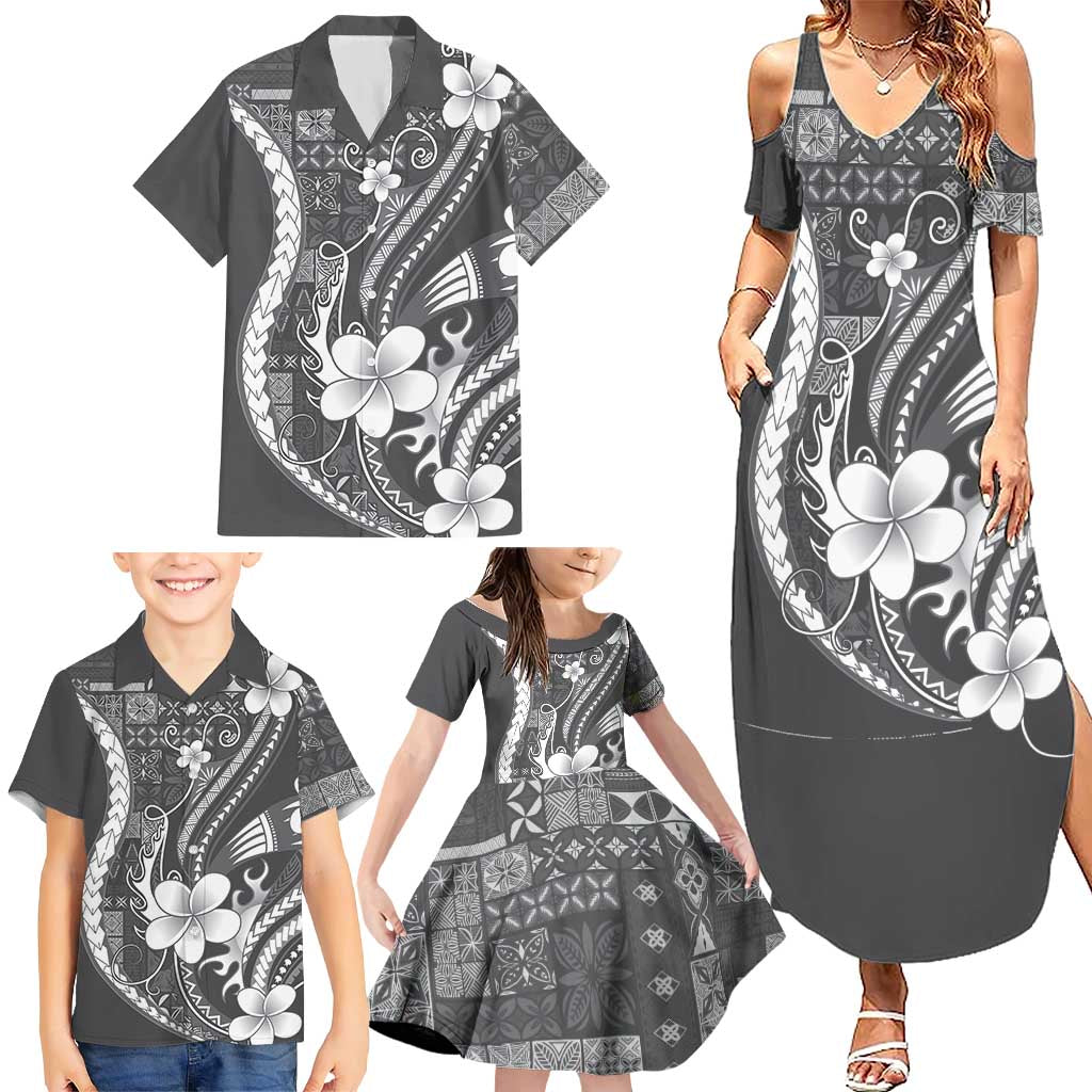 Samoa Siapo Tribal Pattern Family Matching Summer Maxi Dress and Hawaiian Shirt Light Gray Polynesian Plumeria Tapa Motif LT9 - Polynesian Pride