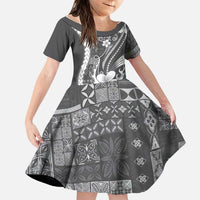 Samoa Siapo Tribal Pattern Family Matching Tank Maxi Dress and Hawaiian Shirt Light Gray Polynesian Plumeria Tapa Motif