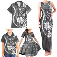 Samoa Siapo Tribal Pattern Family Matching Tank Maxi Dress and Hawaiian Shirt Light Gray Polynesian Plumeria Tapa Motif