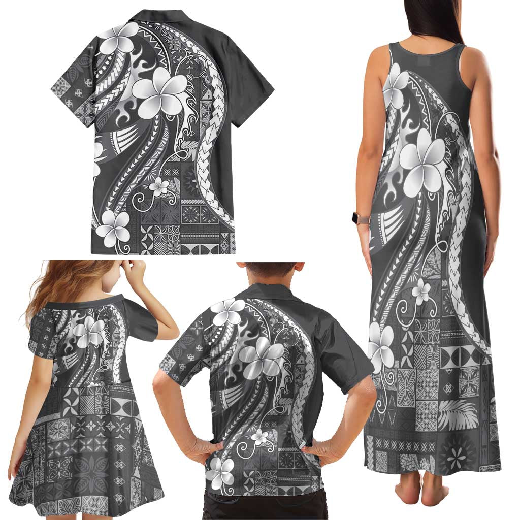 Samoa Siapo Tribal Pattern Family Matching Tank Maxi Dress and Hawaiian Shirt Light Gray Polynesian Plumeria Tapa Motif