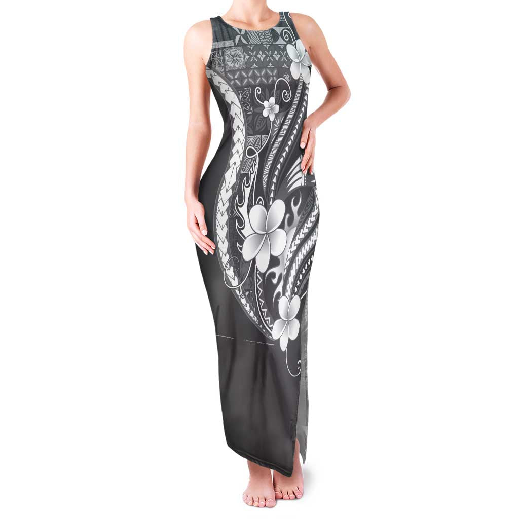 Samoa Siapo Tribal Pattern Family Matching Tank Maxi Dress and Hawaiian Shirt Light Gray Polynesian Plumeria Tapa Motif