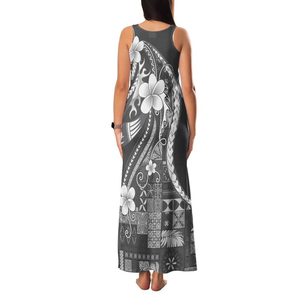 Samoa Siapo Tribal Pattern Family Matching Tank Maxi Dress and Hawaiian Shirt Light Gray Polynesian Plumeria Tapa Motif