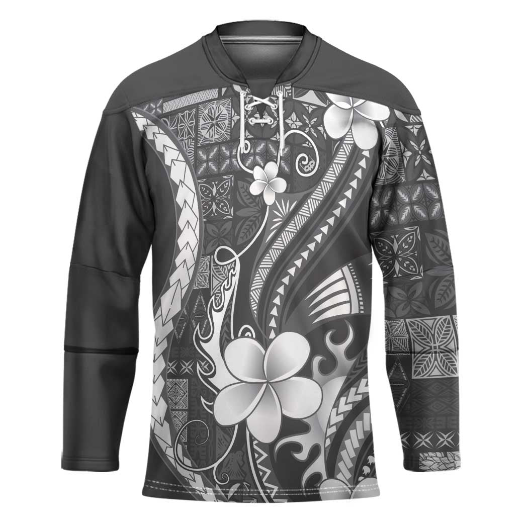 Samoa Siapo Tribal Pattern Hockey Jersey Light Gray Polynesian Plumeria Tapa Motif LT9 Unisex Gray - Polynesian Pride