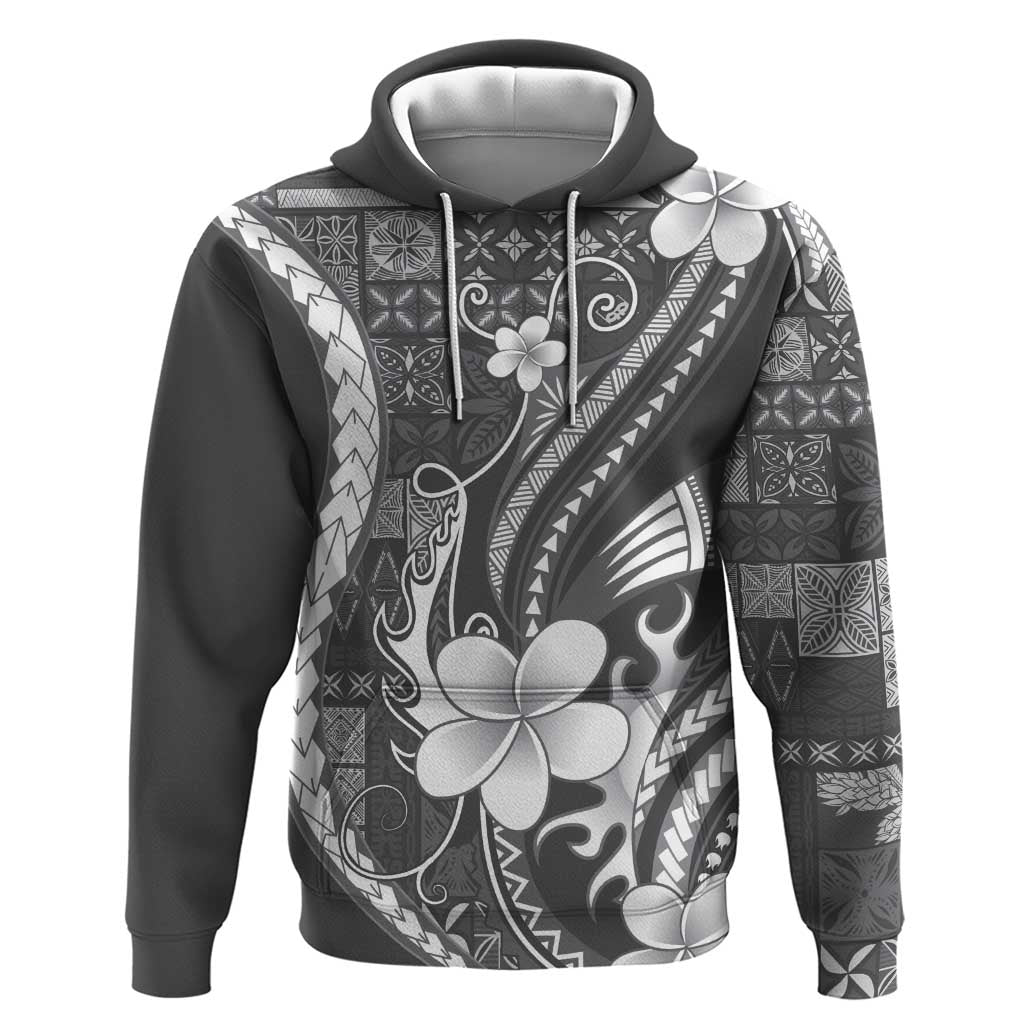 Samoa Siapo Tribal Pattern Hoodie Light Gray Polynesian Plumeria Tapa Motif