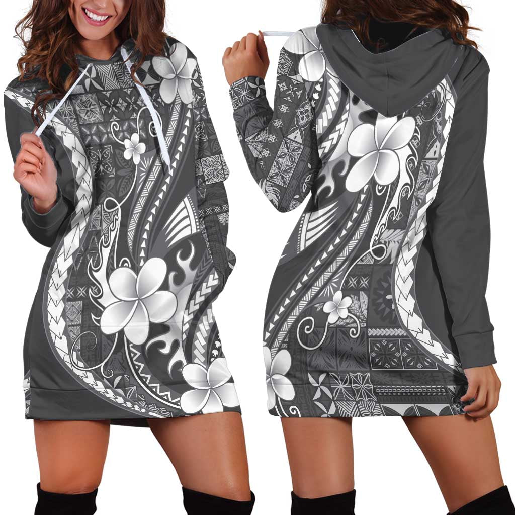 Samoa Siapo Tribal Pattern Hoodie Dress Light Gray Polynesian Plumeria Tapa Motif LT9 - Polynesian Pride