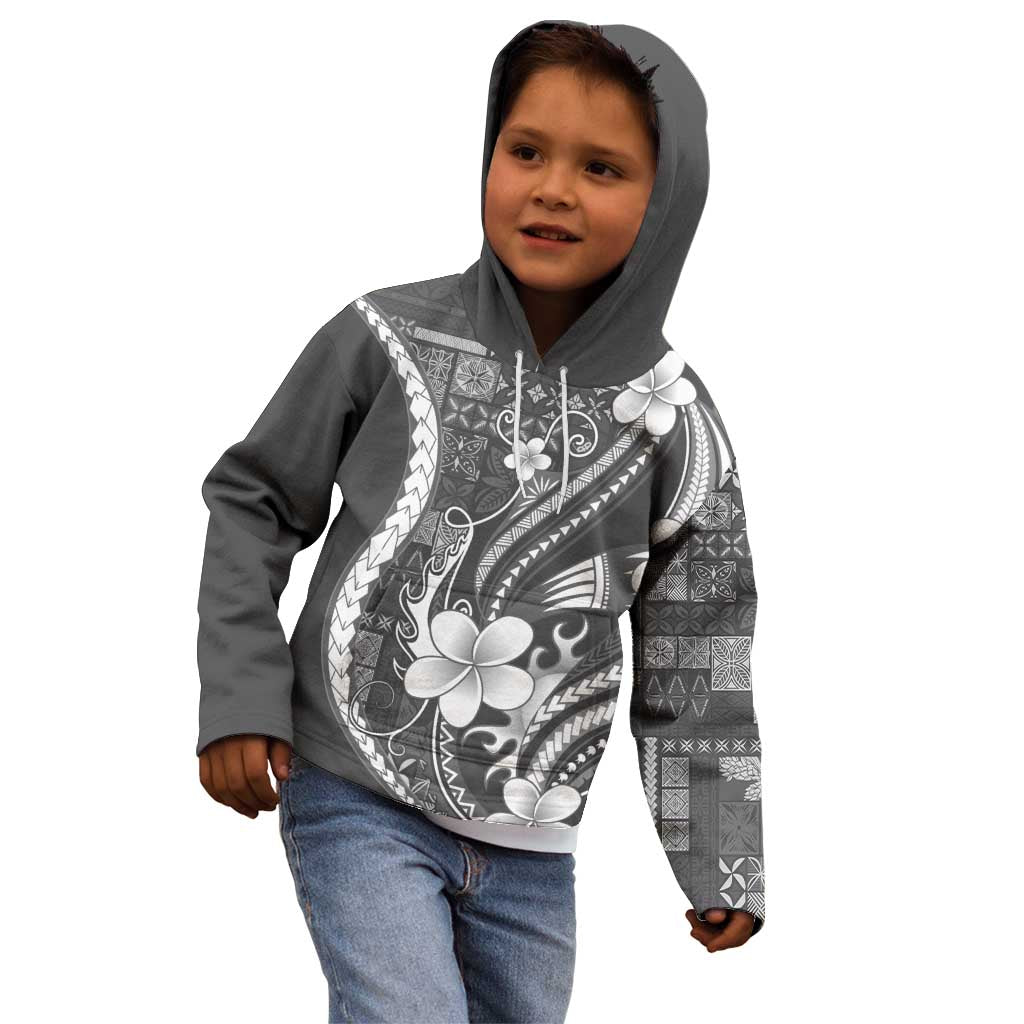 Samoa Siapo Tribal Pattern Kid Hoodie Light Gray Polynesian Plumeria Tapa Motif