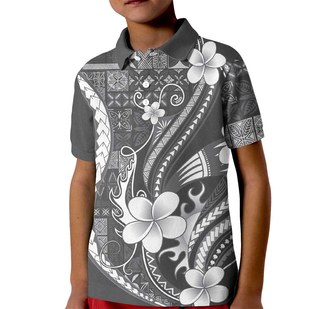 Samoa Siapo Tribal Pattern Kid Polo Shirt Light Gray Polynesian Plumeria Tapa Motif LT9 Kid Gray - Polynesian Pride