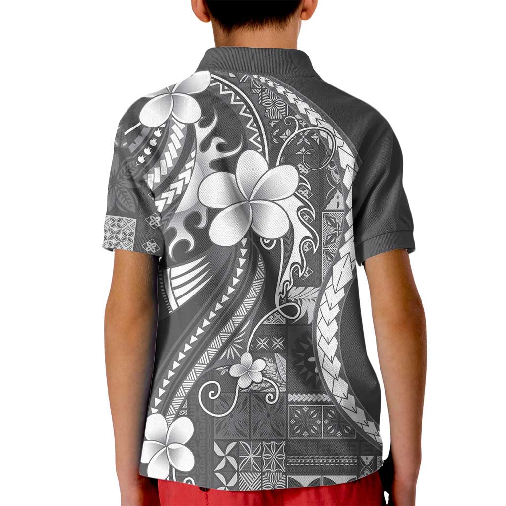 Samoa Siapo Tribal Pattern Kid Polo Shirt Light Gray Polynesian Plumeria Tapa Motif LT9 - Polynesian Pride