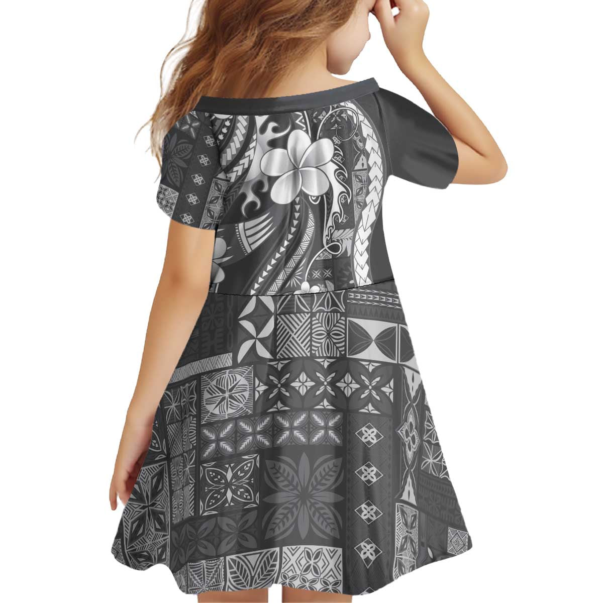 Samoa Siapo Tribal Pattern Kid Short Sleeve Dress Light Gray Polynesian Plumeria Tapa Motif LT9 - Polynesian Pride