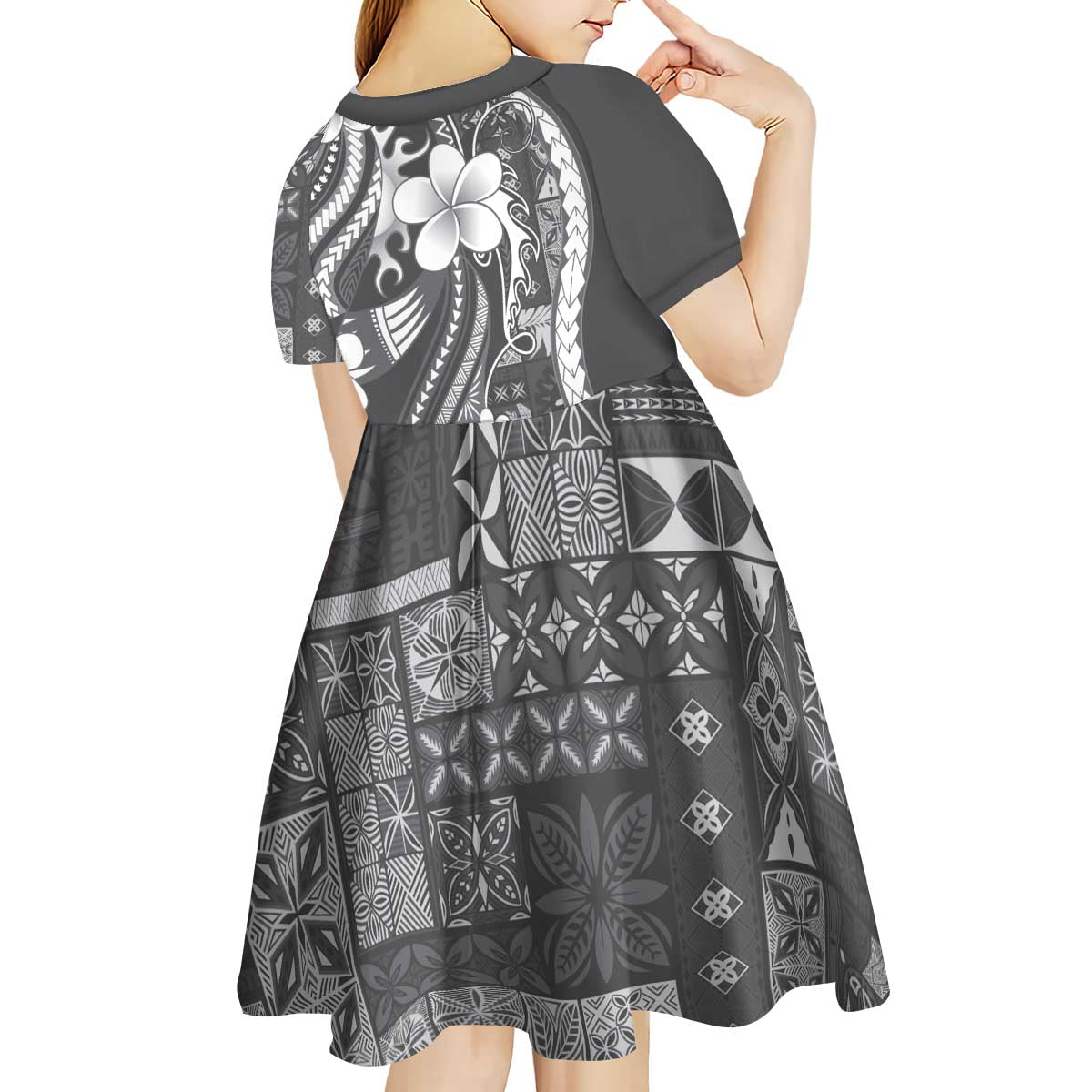 Samoa Siapo Tribal Pattern Kid Short Sleeve Dress Light Gray Polynesian Plumeria Tapa Motif LT9 - Polynesian Pride