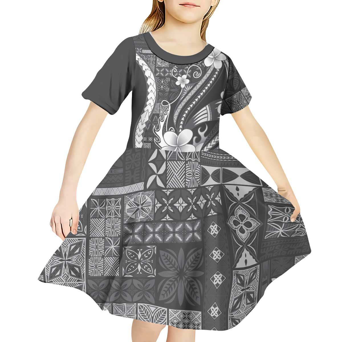 Samoa Siapo Tribal Pattern Kid Short Sleeve Dress Light Gray Polynesian Plumeria Tapa Motif LT9 - Polynesian Pride