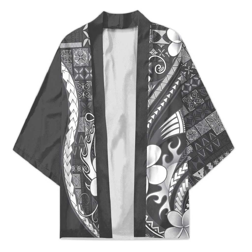 Samoa Siapo Tribal Pattern Kimono Light Gray Polynesian Plumeria Tapa Motif LT9 Unisex Gray - Polynesian Pride