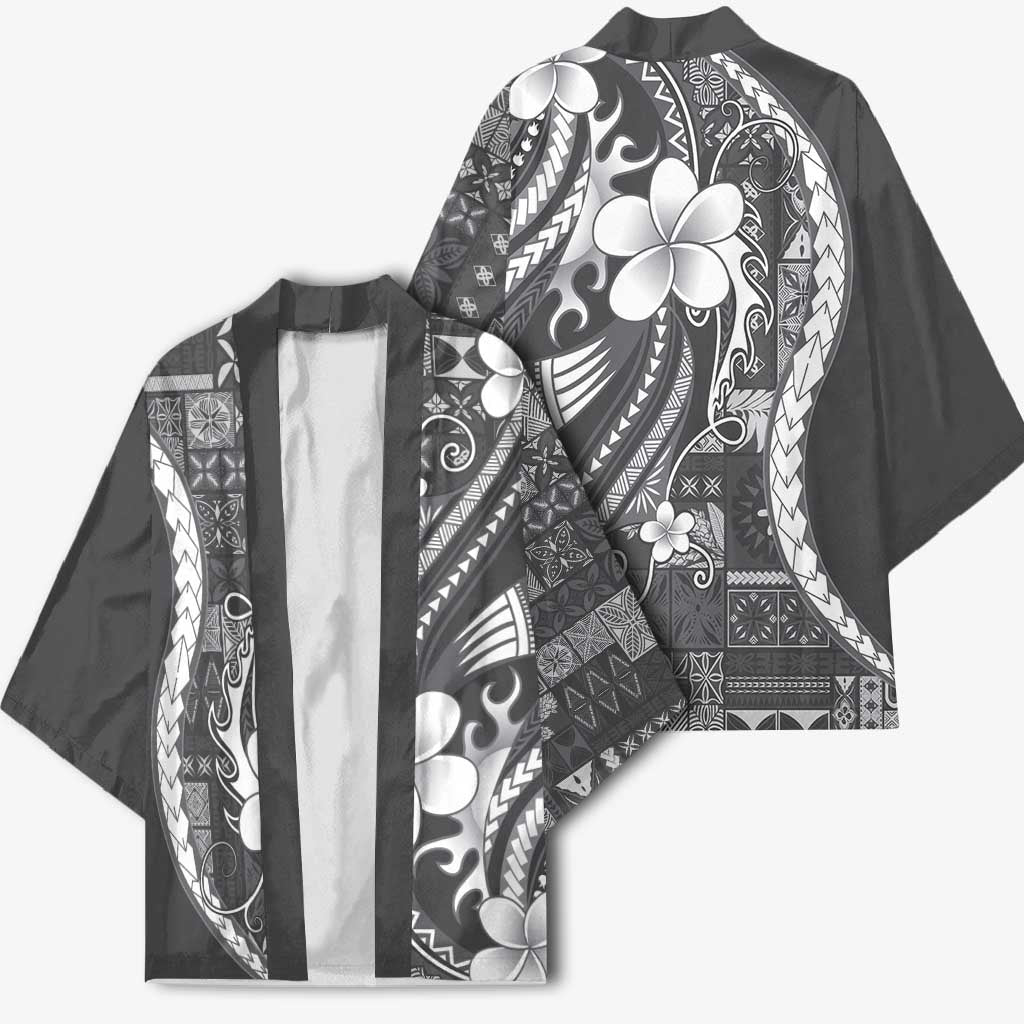Samoa Siapo Tribal Pattern Kimono Light Gray Polynesian Plumeria Tapa Motif LT9 - Polynesian Pride