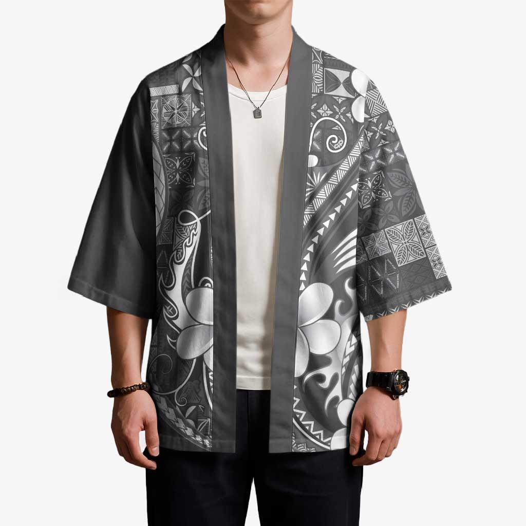 Samoa Siapo Tribal Pattern Kimono Light Gray Polynesian Plumeria Tapa Motif LT9 - Polynesian Pride
