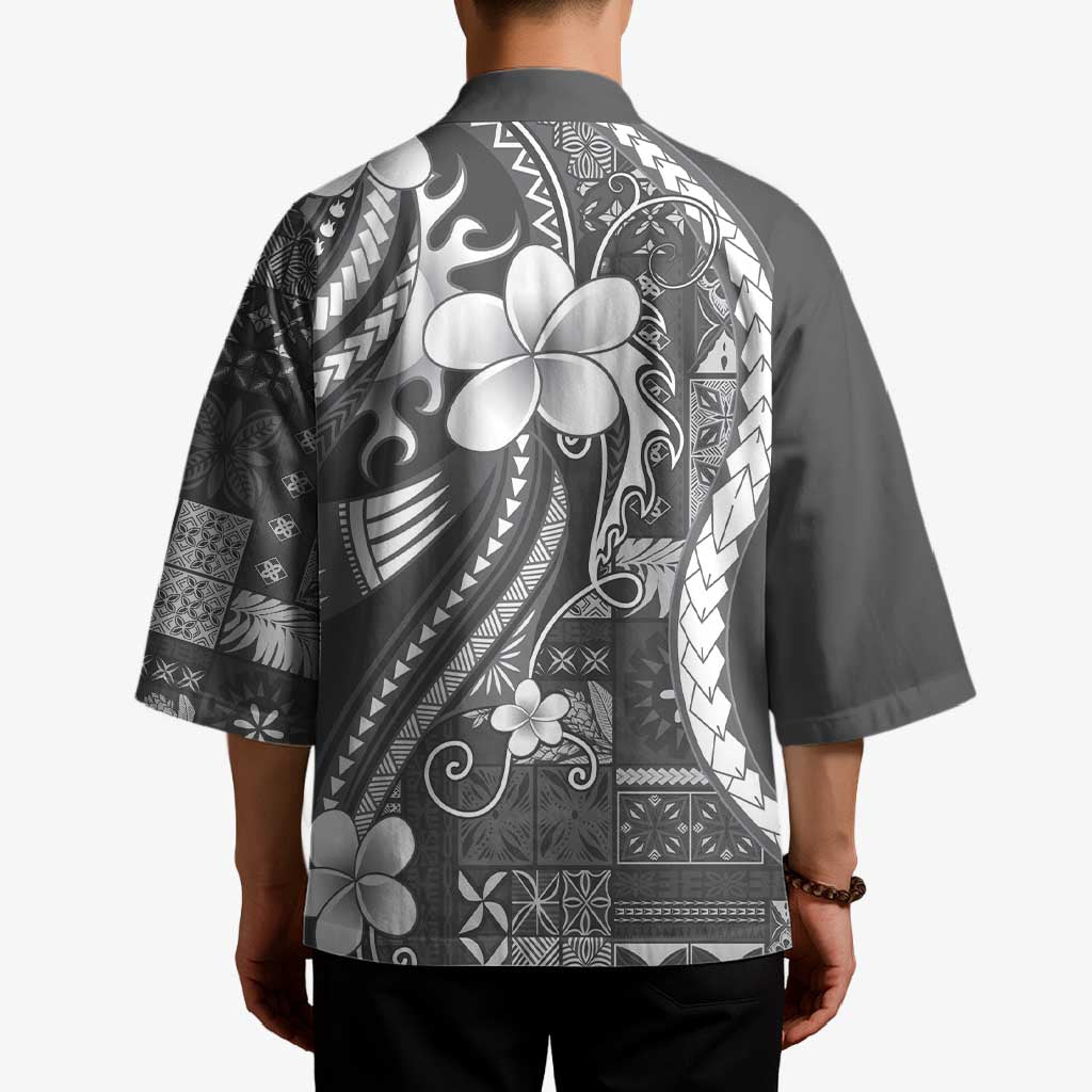 Samoa Siapo Tribal Pattern Kimono Light Gray Polynesian Plumeria Tapa Motif LT9 - Polynesian Pride