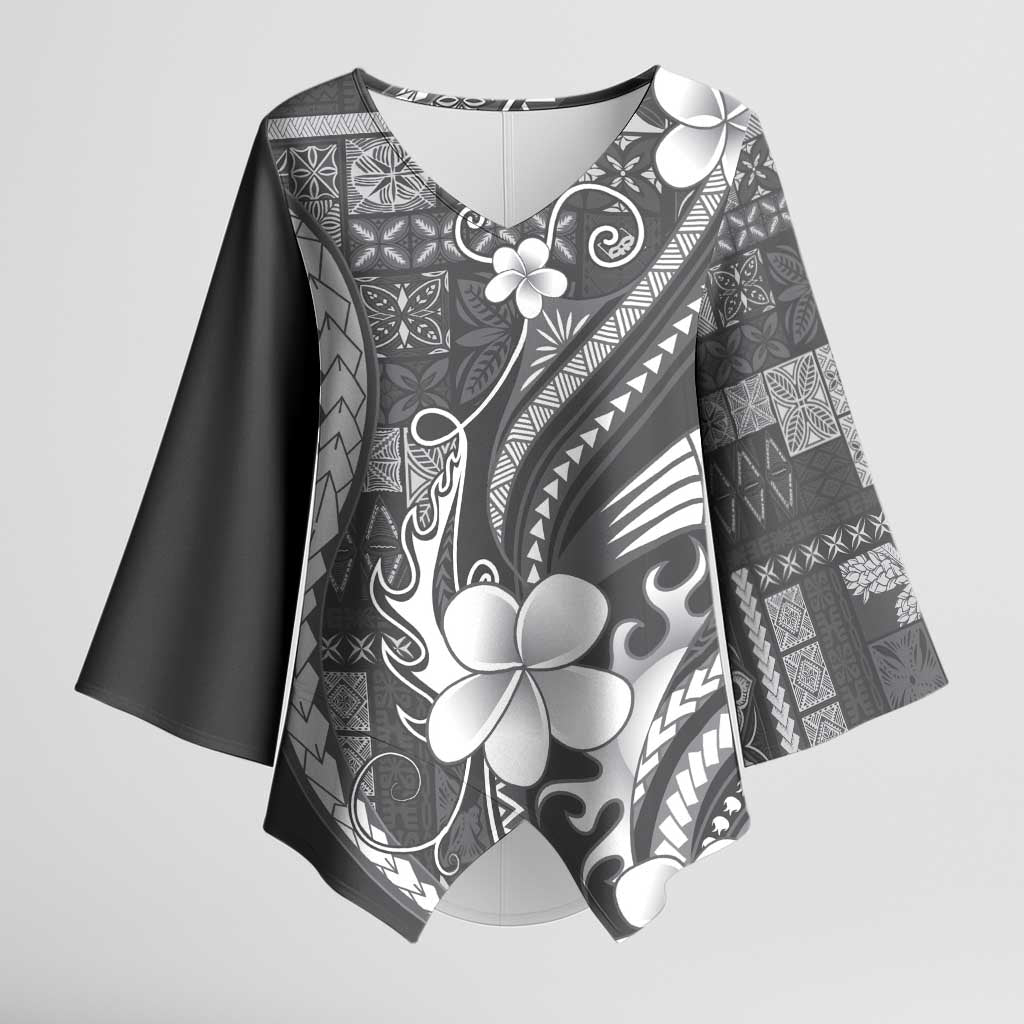 Samoa Siapo Tribal Pattern Kimono Sleeve Blouse Light Gray Polynesian Plumeria Tapa Motif LT9 Female Gray - Polynesian Pride