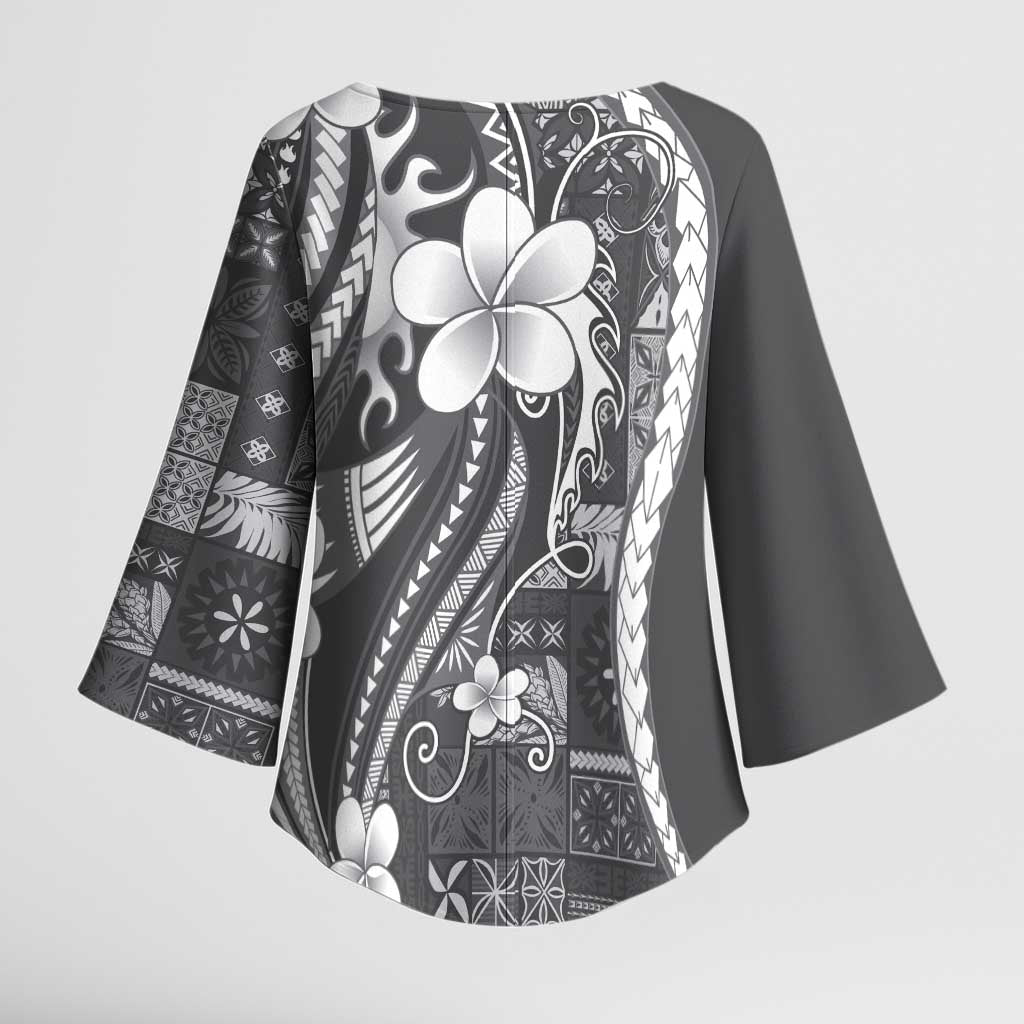 Samoa Siapo Tribal Pattern Kimono Sleeve Blouse Light Gray Polynesian Plumeria Tapa Motif LT9 - Polynesian Pride