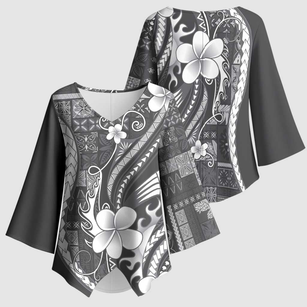 Samoa Siapo Tribal Pattern Kimono Sleeve Blouse Light Gray Polynesian Plumeria Tapa Motif LT9 - Polynesian Pride