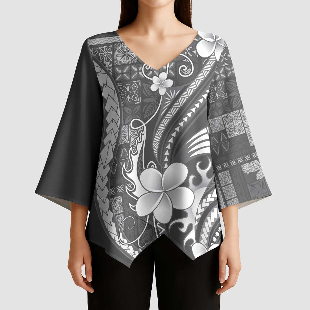 Samoa Siapo Tribal Pattern Kimono Sleeve Blouse Light Gray Polynesian Plumeria Tapa Motif LT9 - Polynesian Pride