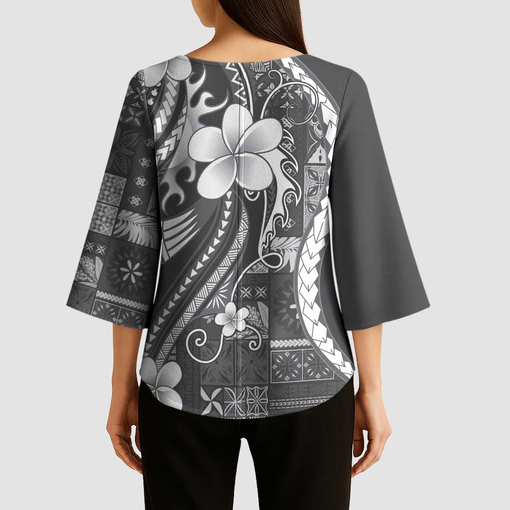 Samoa Siapo Tribal Pattern Kimono Sleeve Blouse Light Gray Polynesian Plumeria Tapa Motif LT9 - Polynesian Pride