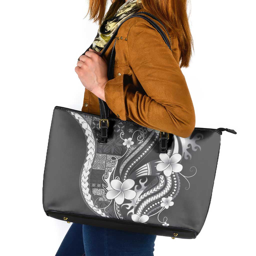 Samoa Siapo Tribal Pattern Leather Tote Bag Light Gray Polynesian Plumeria Tapa Motif LT9 Gray - Polynesian Pride