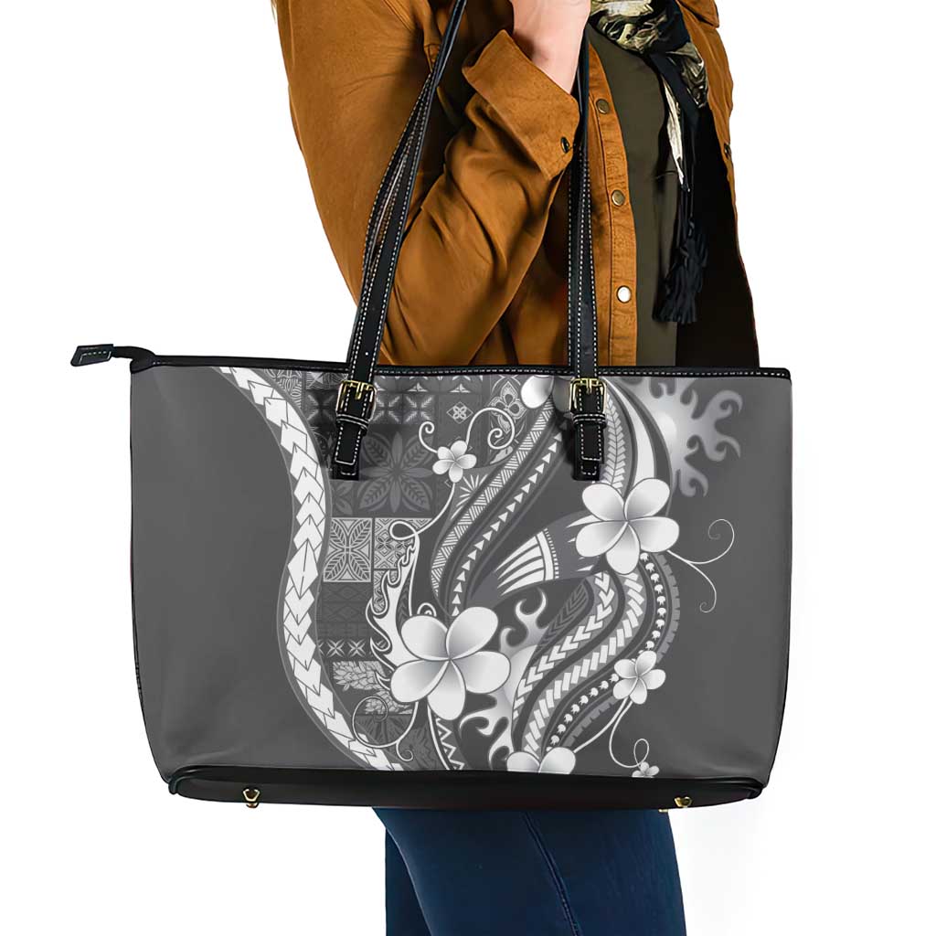 Samoa Siapo Tribal Pattern Leather Tote Bag Light Gray Polynesian Plumeria Tapa Motif LT9 - Polynesian Pride
