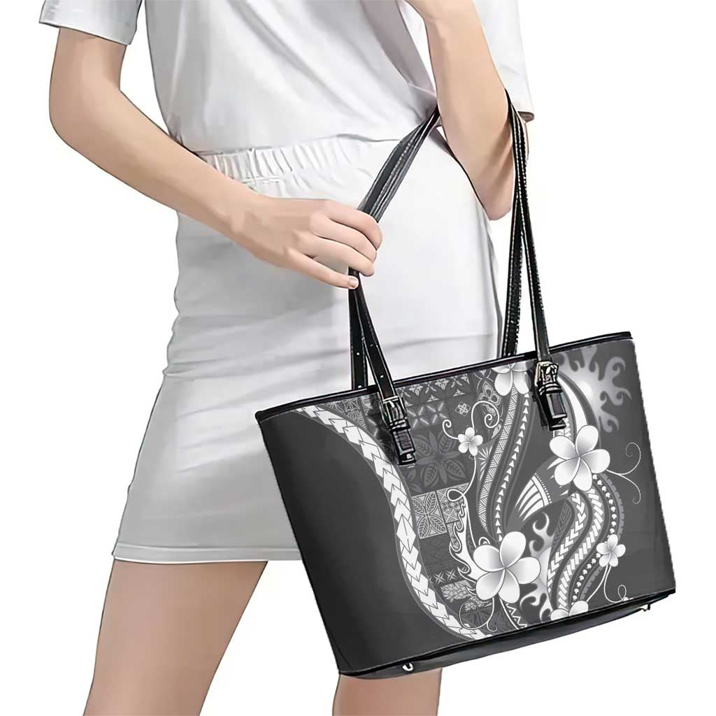 Samoa Siapo Tribal Pattern Leather Tote Bag Light Gray Polynesian Plumeria Tapa Motif LT9 - Polynesian Pride