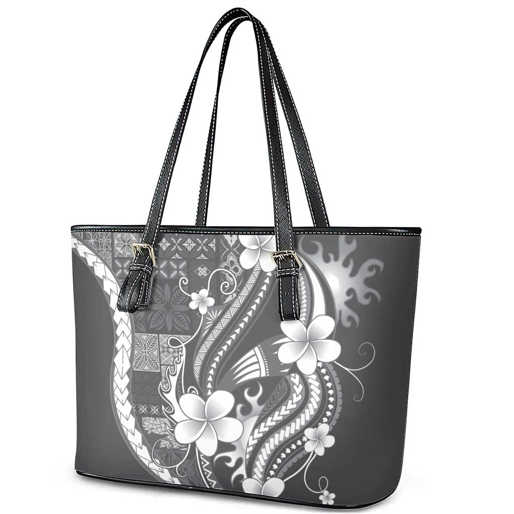 Samoa Siapo Tribal Pattern Leather Tote Bag Light Gray Polynesian Plumeria Tapa Motif LT9 - Polynesian Pride