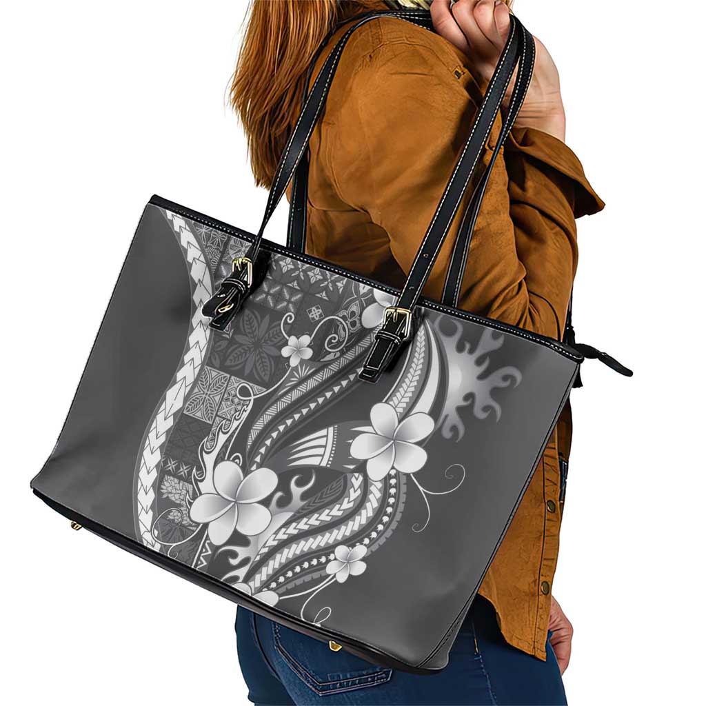 Samoa Siapo Tribal Pattern Leather Tote Bag Light Gray Polynesian Plumeria Tapa Motif LT9 - Polynesian Pride
