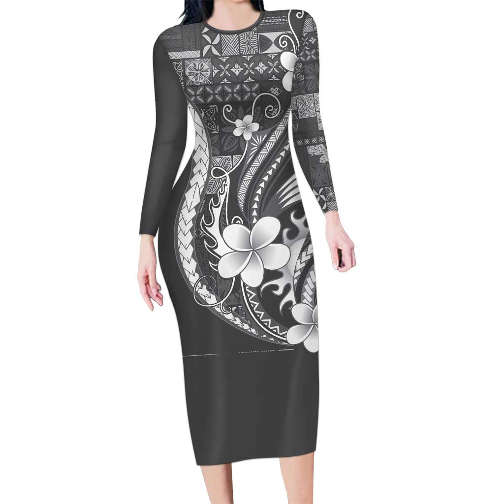Samoa Siapo Tribal Pattern Long Sleeve Bodycon Dress Light Gray Polynesian Plumeria Tapa Motif LT9 Long Dress Gray - Polynesian Pride