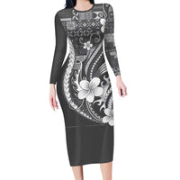 Samoa Siapo Tribal Pattern Long Sleeve Bodycon Dress Light Gray Polynesian Plumeria Tapa Motif LT9 Long Dress Gray - Polynesian Pride