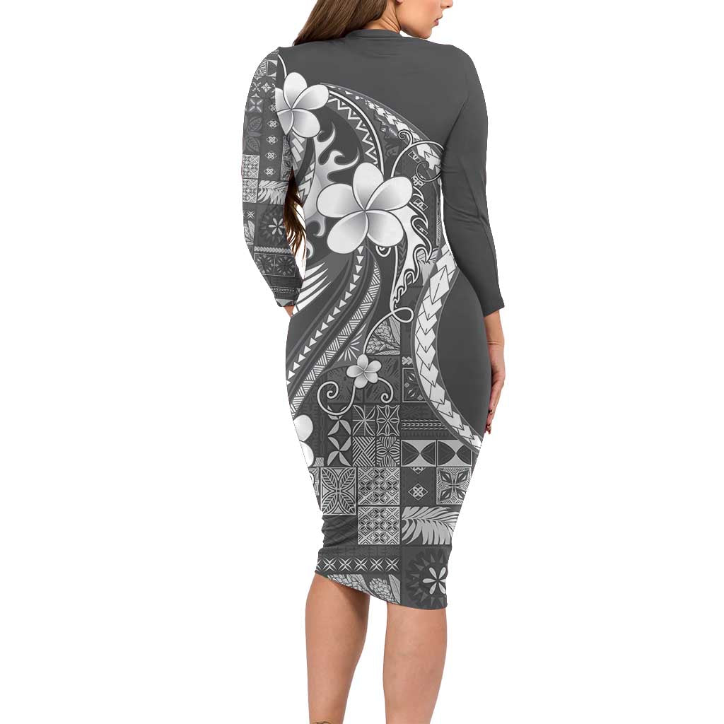 Samoa Siapo Tribal Pattern Long Sleeve Bodycon Dress Light Gray Polynesian Plumeria Tapa Motif LT9 - Polynesian Pride