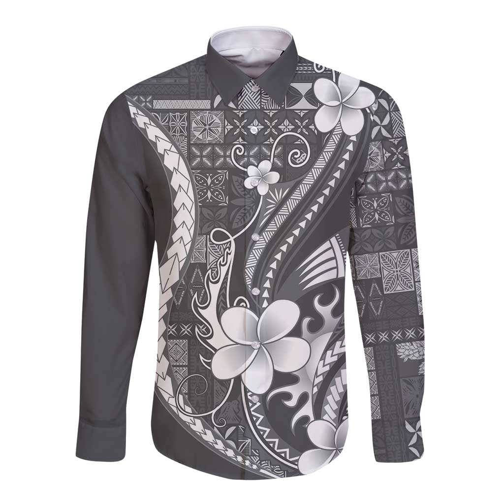 Samoa Siapo Tribal Pattern Long Sleeve Button Shirt Light Gray Polynesian Plumeria Tapa Motif LT9 Unisex Gray - Polynesian Pride