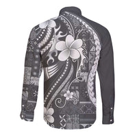 Samoa Siapo Tribal Pattern Long Sleeve Button Shirt Light Gray Polynesian Plumeria Tapa Motif LT9 - Polynesian Pride