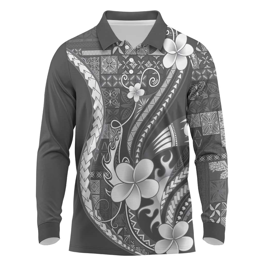 Samoa Siapo Tribal Pattern Long Sleeve Polo Shirt Light Gray Polynesian Plumeria Tapa Motif LT9 Gray - Polynesian Pride