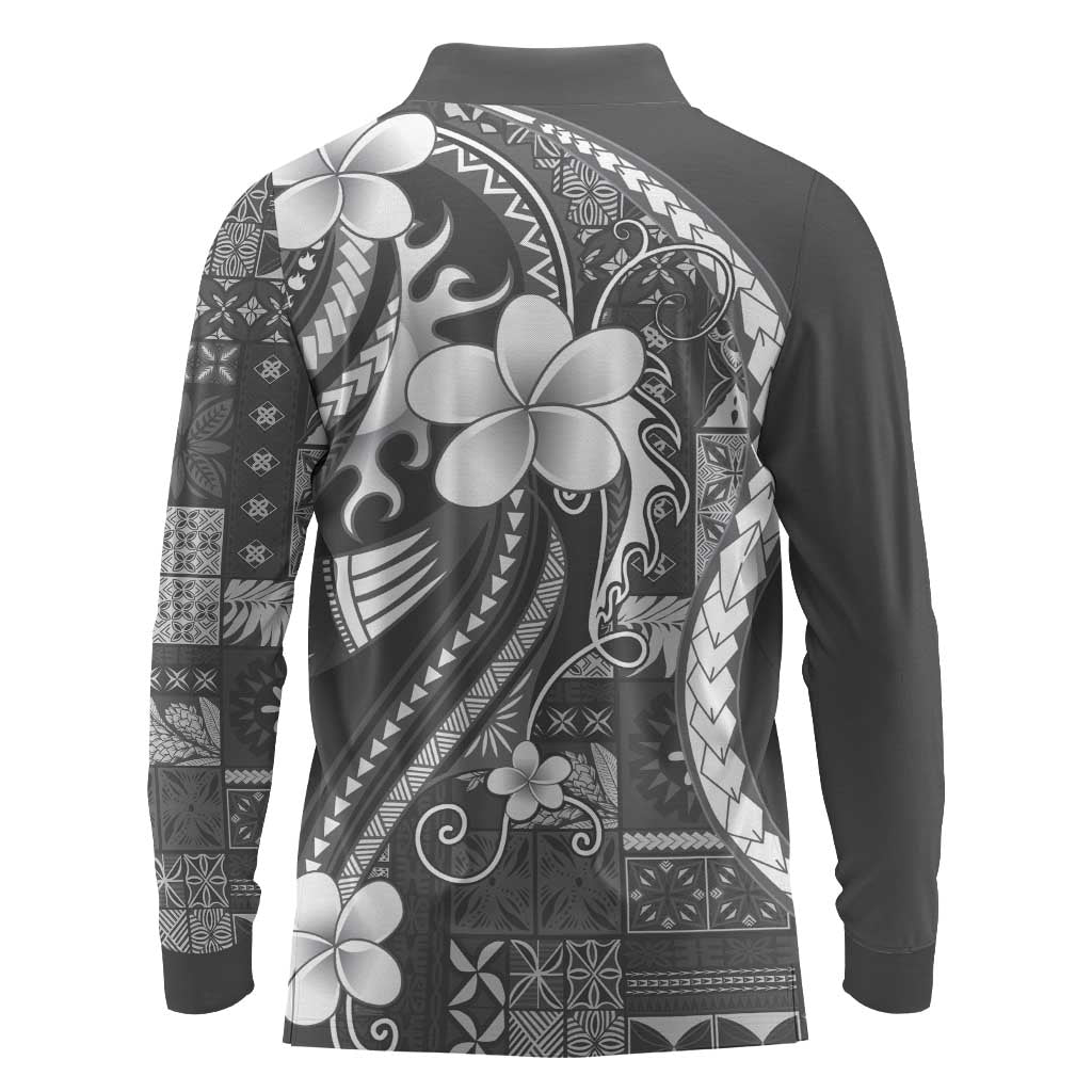 Samoa Siapo Tribal Pattern Long Sleeve Polo Shirt Light Gray Polynesian Plumeria Tapa Motif LT9 - Polynesian Pride