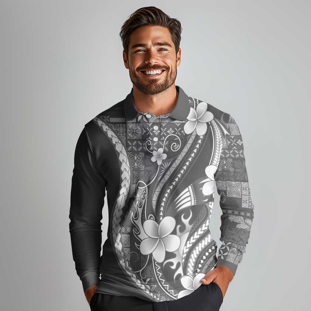 Samoa Siapo Tribal Pattern Long Sleeve Polo Shirt Light Gray Polynesian Plumeria Tapa Motif LT9 - Polynesian Pride