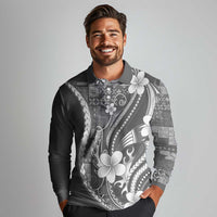 Samoa Siapo Tribal Pattern Long Sleeve Polo Shirt Light Gray Polynesian Plumeria Tapa Motif LT9 - Polynesian Pride